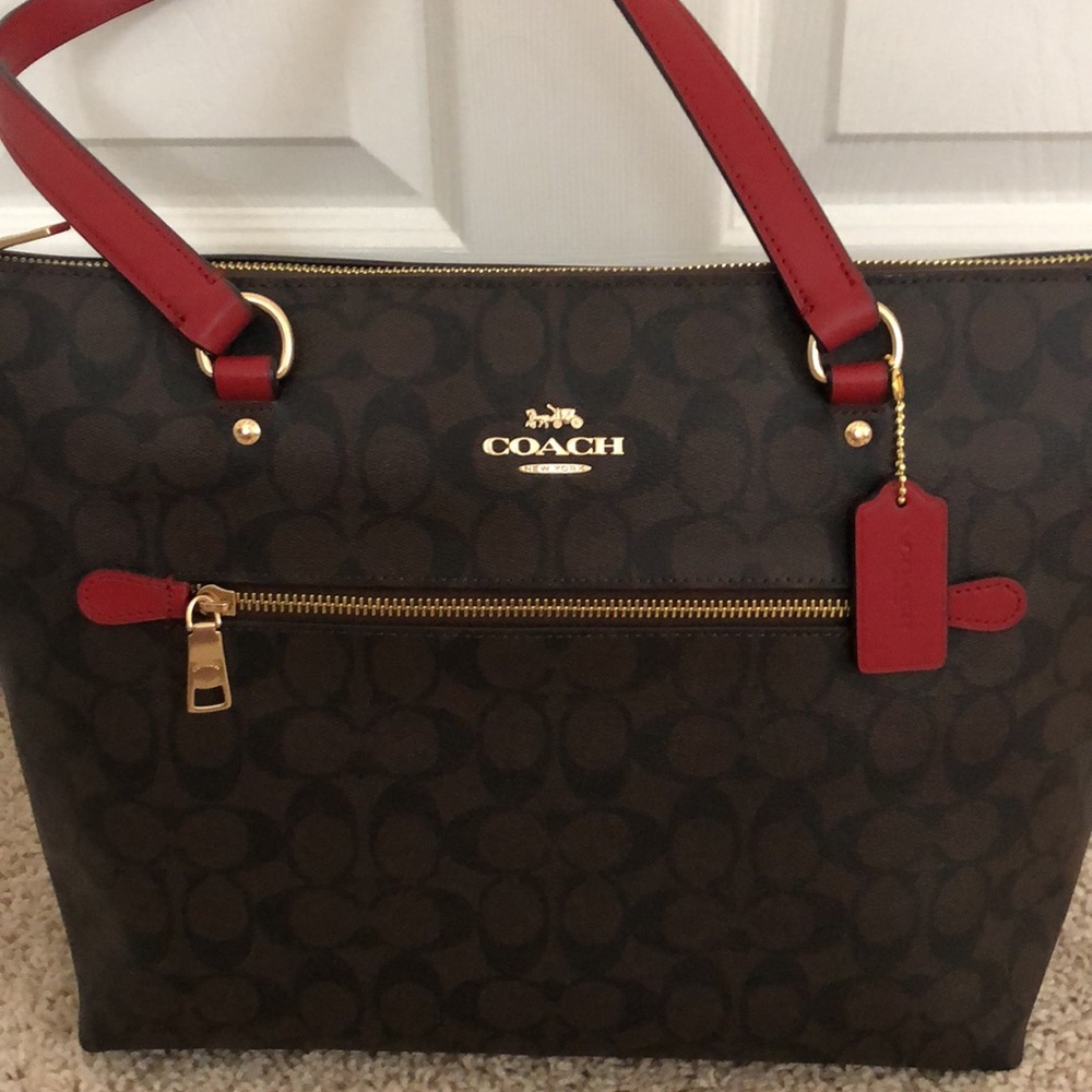 Coach Dark Brown and Red Tote Bag